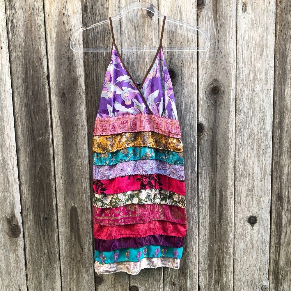 Silly Yeti Colorful Patchwork Silk Spaghetti Strap Tunic Blouse Small